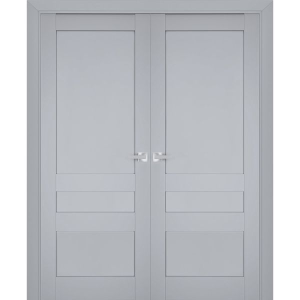 Interior Solid French Double Doors | Veregio 7411 Matte Grey | Wood Solid Panel Frame Trims | Closet Bedroom Sturdy Doors 