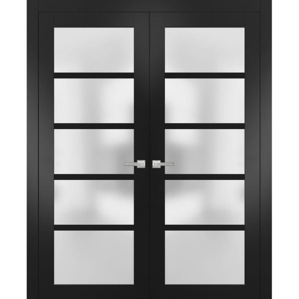 Solid French Double Doors Frosted Glass | Quadro 4002 Matte Black | Wood Solid Panel Frame Trims | Closet Bedroom Sturdy Doors 
