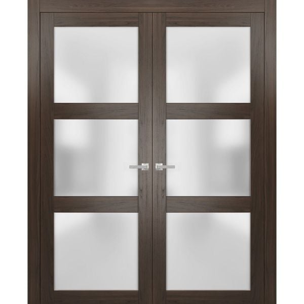 Solid French Double Doors Frosted Glass | Lucia 2552 Chocolate Ash | Wood Solid Panel Frame Trims | Closet Bedroom Sturdy Doors 