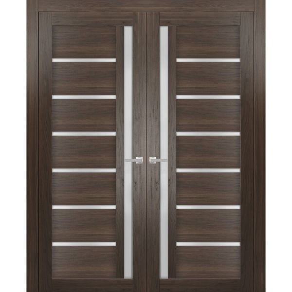 Solid French Double Doors Frosted Glass | Quadro 4088 Chocolate Ash | Wood Solid Panel Frame Trims | Closet Bedroom Sturdy Doors 