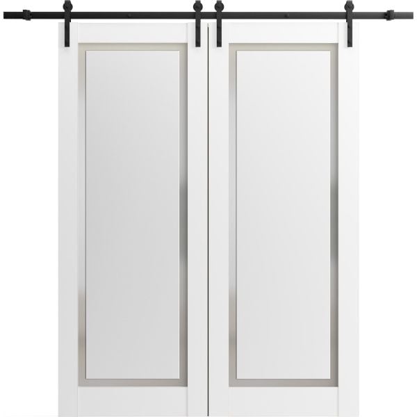 Sliding Double Barn Doors with Hardware | Planum 0888 Painted White with Frosted Glass | 13FT Rail Hangers Sturdy Set | Modern Solid Panel Interior Hall Bedroom Bathroom Door