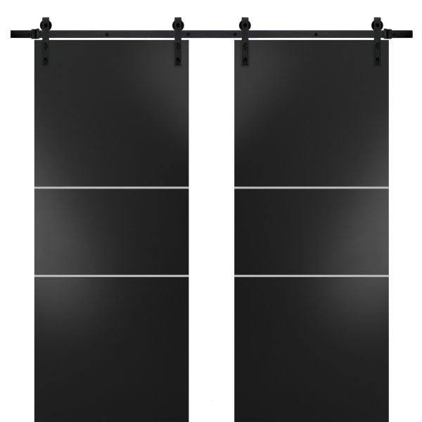 Sturdy Double Barn Door with Hardware | Planum 0110 Black Matte | 13FT Rail Hangers Heavy Set | Modern Solid Panel Interior Doors -36" x 80" (2* 18x80)-Black Rail