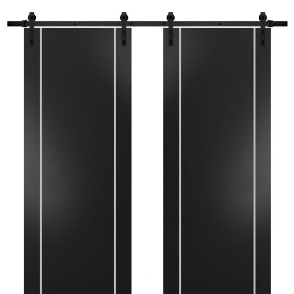 Sturdy Double Barn Door with Hardware | Planum 0410 Matte Black | 13FT Rail Hangers Heavy Set | Modern Solid Panel Interior Doors