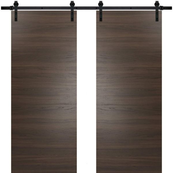 Sturdy Double Barn Door with Hardware | Planum 0010 Chocolate Ash | 13FT Rail Hangers Heavy Set | Modern Solid Panel Interior Doors-36" x 80" (2* 18x80)-Black Rail
