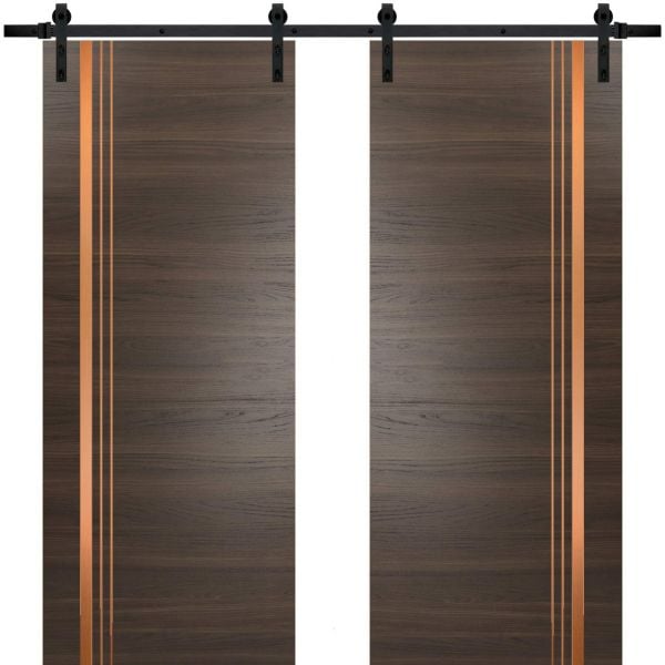 Sturdy Double Barn Door with Hardware | Planum 1010 Chocolate Ash | 13FT Rail Hangers Heavy Set | Modern Solid Panel Interior Doors-36" x 80" (2* 18x80)-Black Rail