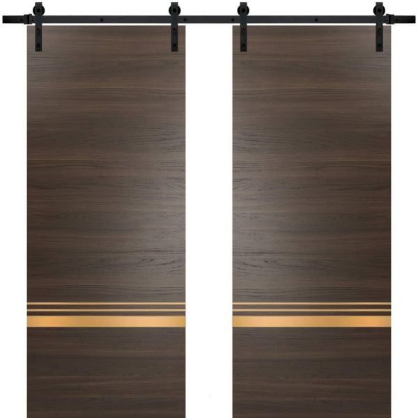 Sturdy Double Barn Door with Hardware | Planum 2010 Chocolate Ash | 13FT Rail Hangers Heavy Set | Modern Solid Panel Interior Doors