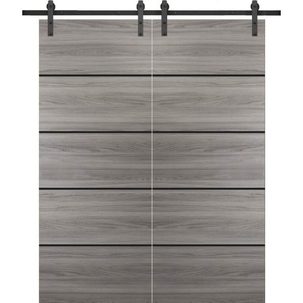 Sturdy Double Barn Door with Hardware | Planum 0015 Ginger Ash | Silver 13FT Rail Hangers Heavy Set | Modern Solid Panel Interior Doors