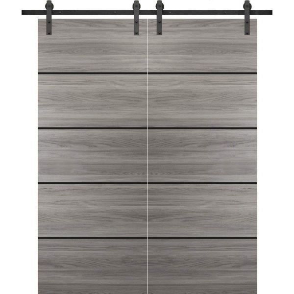 Sturdy Double Barn Door with Hardware | Planum 0015 Ginger Ash and Aluminum Strips | 13FT Rail Hangers Heavy Set | Modern Solid Panel Interior Doors