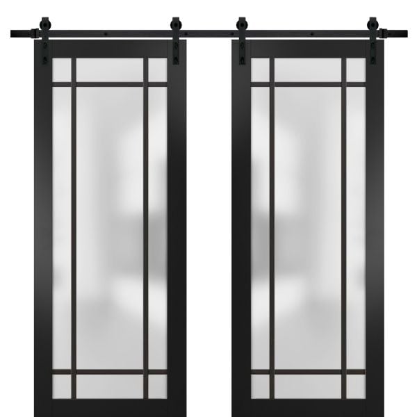 Sturdy Double Barn Door | Planum 2112 Matte Black with Frosted Glass | 13FT Rail Hangers Heavy Set | Modern Solid Panel Interior Doors 