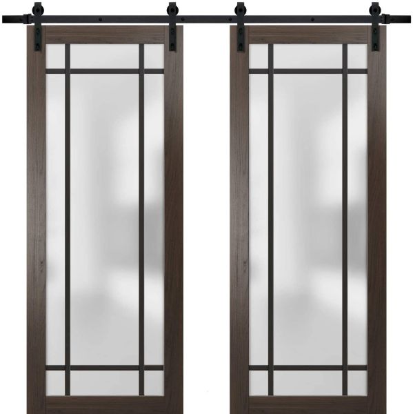 Sturdy Double Barn Door with Frosted Glass | Planum 2112 Chocolate Ash | 13FT Rail Hangers Heavy Set | Modern Solid Panel Interior Doors-36" x 80" (2* 18x80)-Black Rail