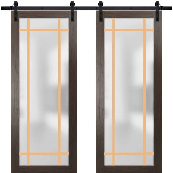 Sturdy Double Barn Door | Planum 2113 Chocolate Ash with Frosted Glass | 13FT Rail Hangers Heavy Set | Modern Solid Panel Interior Doors