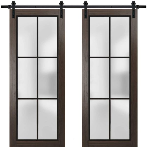 Sturdy Double Barn Door with Frosted Glass | Planum 2122 Chocolate Ash | 13FT Rail Hangers Heavy Set | Modern Solid Panel Interior Doors-36" x 80" (2* 18x80)-Black Rail