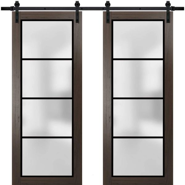 Sturdy Double Barn Door | Planum 2132 Chocolate Ash with Frosted Glass | 13FT Rail Hangers Heavy Set | Modern Solid Panel Interior Doors