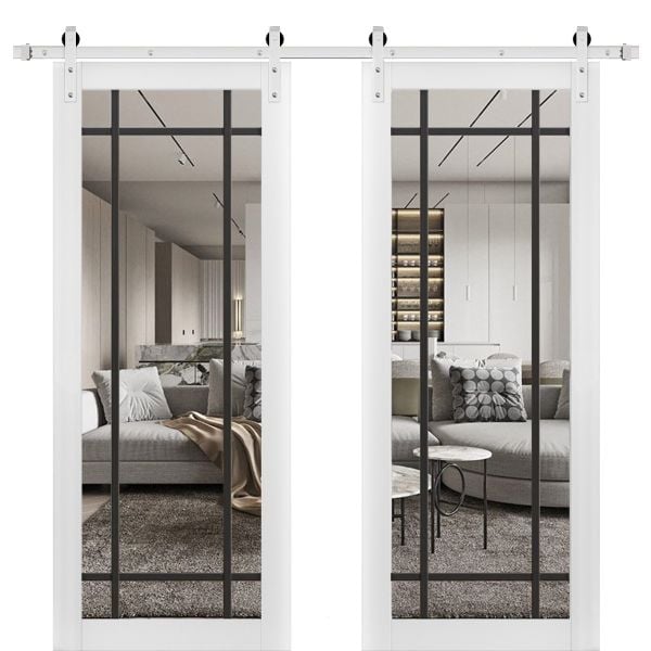 Sturdy Double Barn Door with Clear Glass | Lucia 2266 White Silk | Stainless Steel 13FT Rail Hangers Heavy Set | Solid Panel Interior Doors-36" x 80"-Silver Rail-Clear Glass
