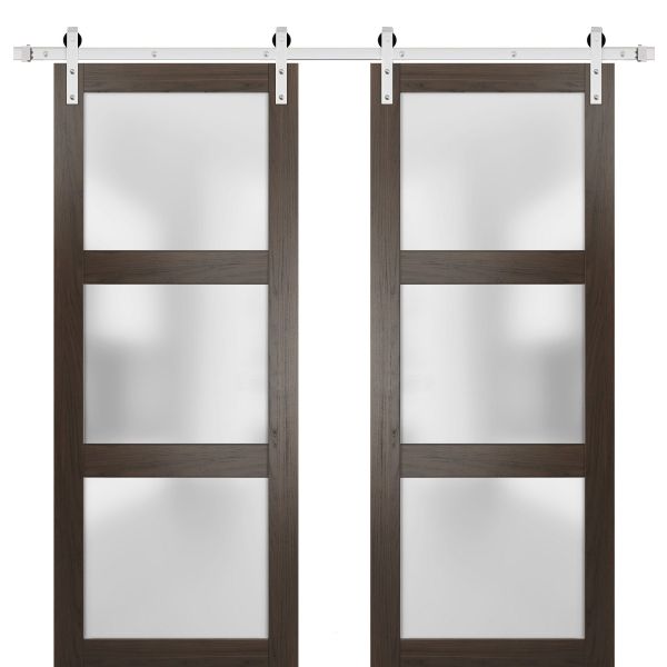 Sturdy Double Barn Door with Frosted Glass | Lucia 2552 Chocolate Ash | Silver 13FT Rail Hangers Heavy Set | Solid Panel Interior Doors