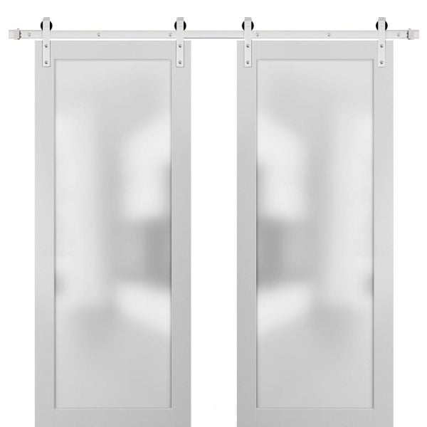 Sturdy Double Barn Door with Frosted Glass | Planum 2102 White Silk | 13FT Silver Rail Hangers Heavy Set | Solid Panel Interior Doors-36" x 80"-Silver Rail-Frosted Glass