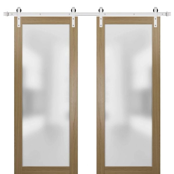 Sturdy Double Barn Door | Planum 2102 Honey Ash with Frosted Glass | 13FT Silver Rail Hangers Heavy Set | Modern Solid Panel Interior Doors