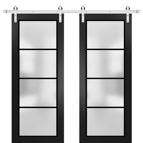 Sturdy Double Barn Door | Planum 2132 Matte Black with Frosted Glass | 13FT Silver Rail Hangers Heavy Set | Modern Solid Panel Interior Doors