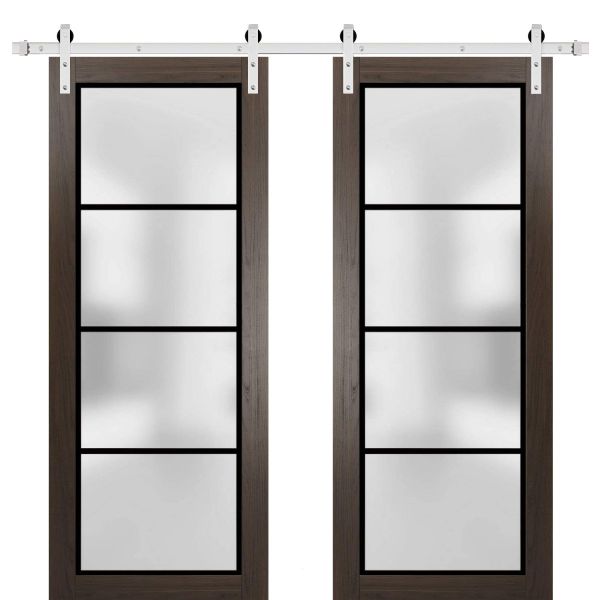 Sturdy Double Barn Door | Planum 2132 Chocolate Ash with Frosted Glass | 13FT Silver Rail Hangers Heavy Set | Modern Solid Panel Interior Doors