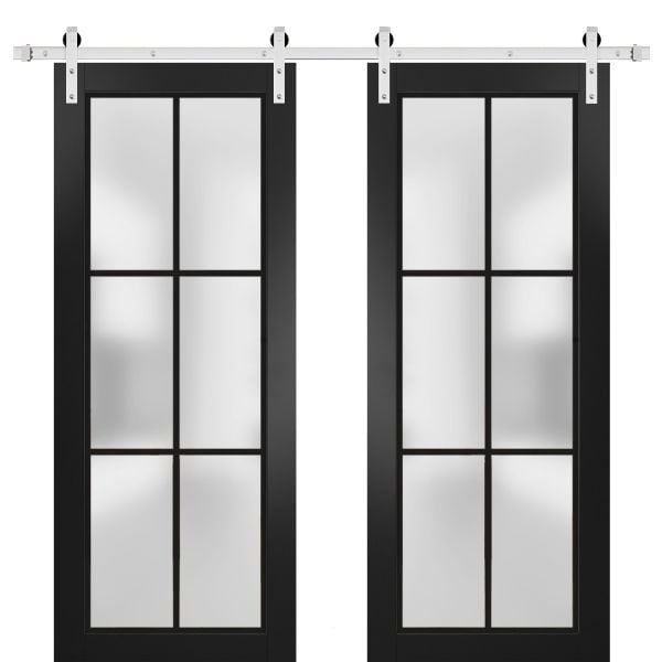 Sturdy Double Barn Door | Planum 2122 Matte Black with Frosted Glass | 13FT Silver Rail Hangers Heavy Set | Modern Solid Panel Interior Doors