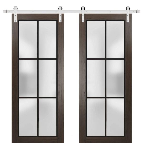 Sturdy Double Barn Door | Planum 2122 Chocolate Ash with Frosted Glass | 13FT Silver Rail Hangers Heavy Set | Modern Solid Panel Interior Doors