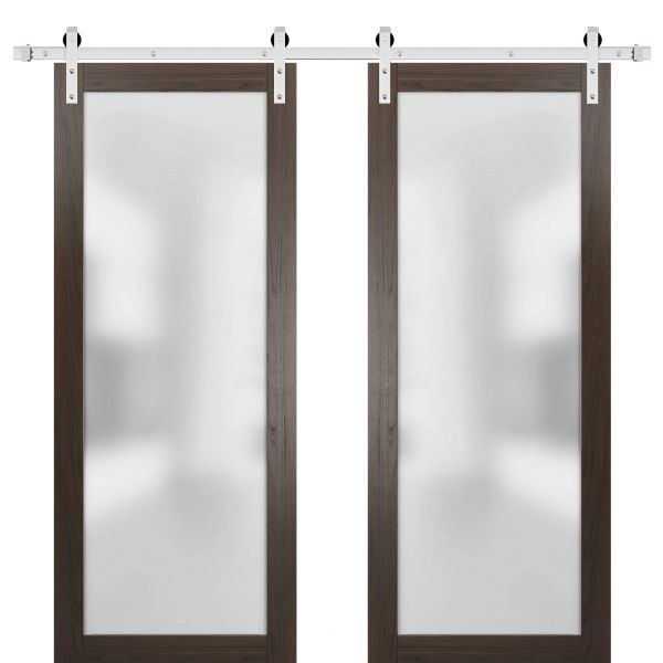 Sturdy Double Barn Door with Frosted Glass | Planum 2102 Chocolate Ash | 13FT Rail Hangers Heavy Set | Modern Solid Panel Interior Doors-36" x 80" (2* 18x80)-Black Rail