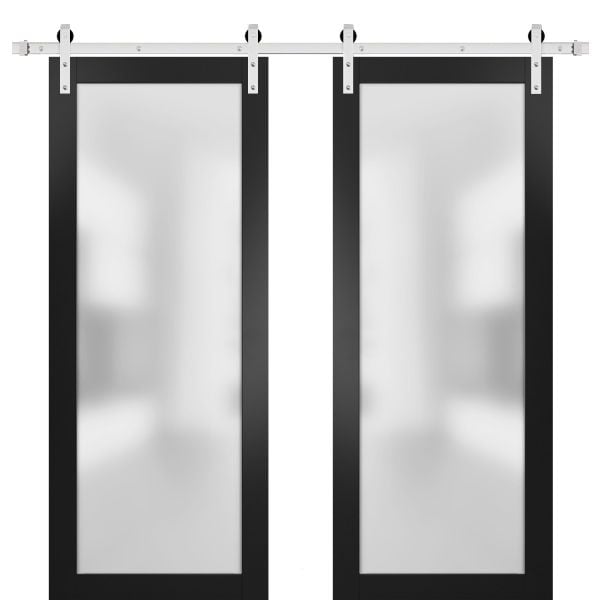 Sturdy Double Barn Door with Frosted Glass | Planum 2102 Matte Black | 13FT Silver Rail Hangers Heavy Set | Modern Solid Panel Interior Doors 
