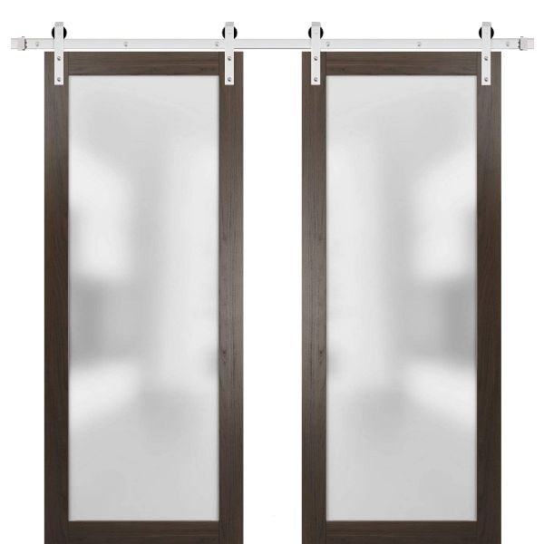 Planum 2102 Interior Modern Closet Double Barn Doors Chocolate Ash with Black Hardware Rails 13FT