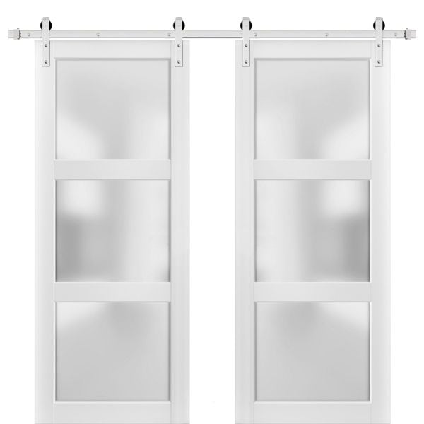 Sliding Double Barn Doors with Hardware | Lucia 2552 White Silk with Frosted Glass | 13FT Silver Rail Sturdy Set | Kitchen Lite Wooden Solid Panel Interior Bedroom Bathroom Door 