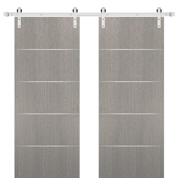 Sliding Double Barn Doors with Hardware | Planum 0020 Grey Oak | 13FT Rail Hangers Sturdy Set | Modern Solid Panel Interior Hall Bedroom Bathroom Door