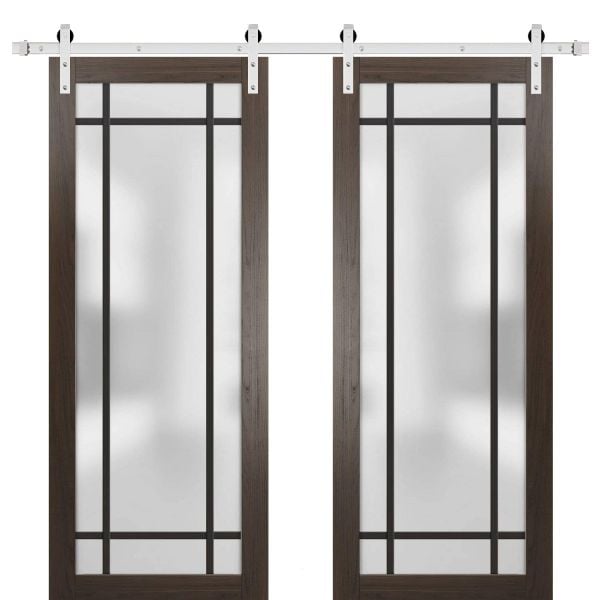 Sturdy Double Barn Door | Planum 2112 Chocolate Ash with Frosted Glass | 13FT Silver Rail Hangers Heavy Set | Modern Solid Panel Interior Doors