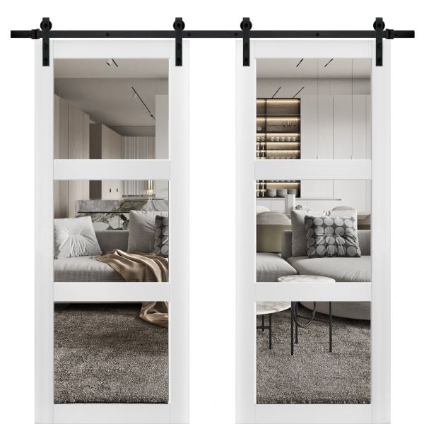 Sturdy Double Barn Door with Clear Glass 3 Lites | Lucia 2555 White Silk | 13FT Rail Hangers Heavy Set | Solid Panel Interior Doors -36" x 80" (2* 18x80)-Clear Glass-Black Rail
