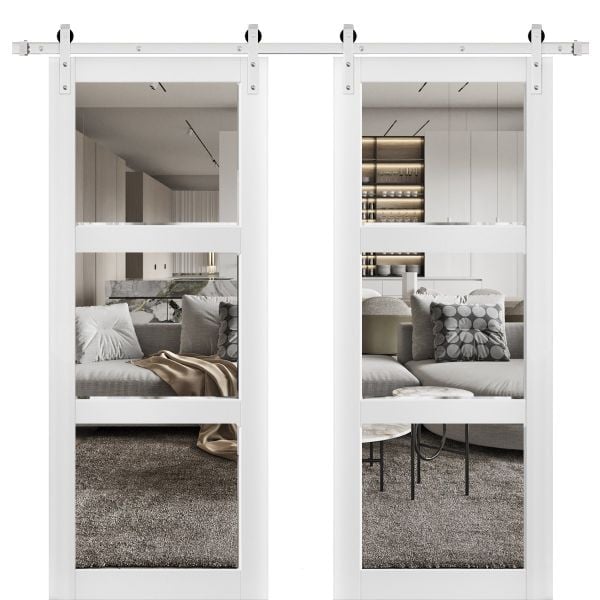 Sliding Double Barn Doors with Hardware | Lucia 2555 White Silk with Clear Glass | 13FT Silver Rail Sturdy Set | Kitchen Lite Wooden Solid Panel Interior Bedroom Bathroom Door