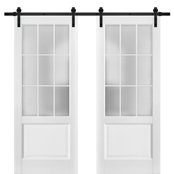 Sturdy Double Barn Door with | Felicia 3309 White Silk with Frosted Glass | 13FT Rail Hangers Heavy Set | Solid Panel Interior Doors