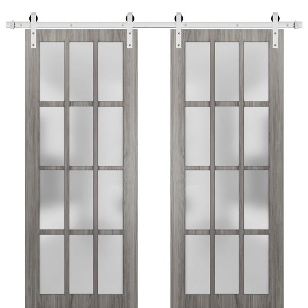 Sturdy Double Barn Door 12 Lites | Felicia 3312 Ginger Ash Grey with Frosted Glass | Silver 13FT Rail Hangers Heavy Set | Solid Panel Interior Doors