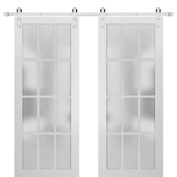 Sturdy Double Barn Door with Clear Frosted 12 lites with Frosted Glass | Felicia 3312 Matte White | 13FT Rail Hangers Heavy Set | Solid Panel Interior Doors