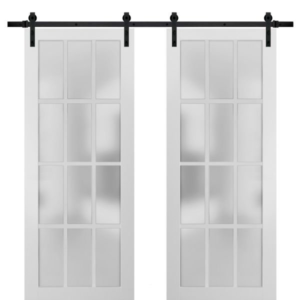 Sturdy Double Barn Door with Frosted Glass 12 lites | Felicia 3312 Matte White | 13FT Rail Hangers Heavy Set | Solid Panel Interior Doors