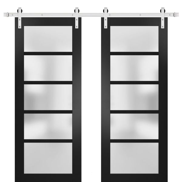 Sturdy Double Barn Door | Quadro 4002 Matte Black with Frosted Glass | Silver 13FT Rail Hangers Heavy Set | Solid Panel Interior Doors