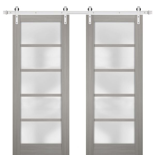 Sturdy Double Barn Door with Frosted Glass | Quadro 4002 Grey Ash | Silver 13FT Rail Hangers Heavy Set | Solid Panel Interior Doors