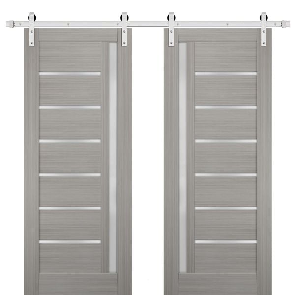 Sturdy Double Barn Door | Quadro 4088 Grey Ash with Frosted Glass | Silver 13FT Rail Hangers Heavy Set | Solid Panel Interior Doors