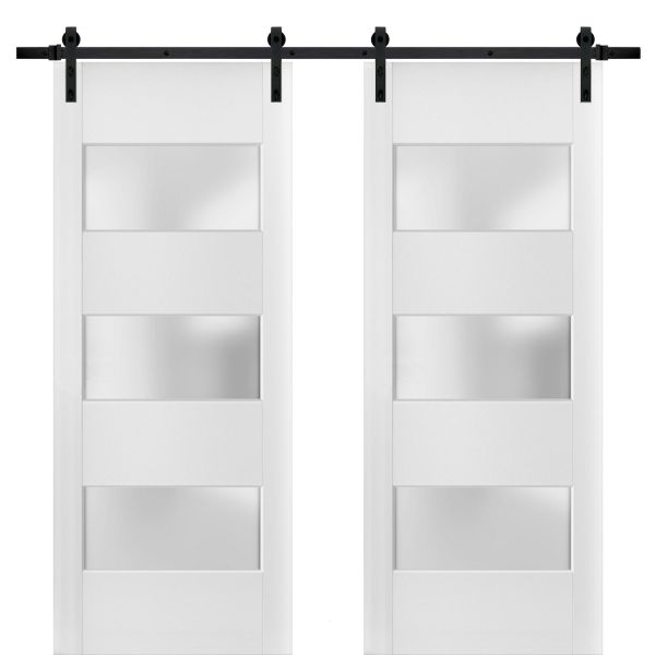 Sturdy Double Barn Door with Frosted Glass 3 Lites | Lucia 4070 White Silk | 13FT Rail Hangers Heavy Set | Solid Panel Interior Doors-36" x 80"-Black Rail