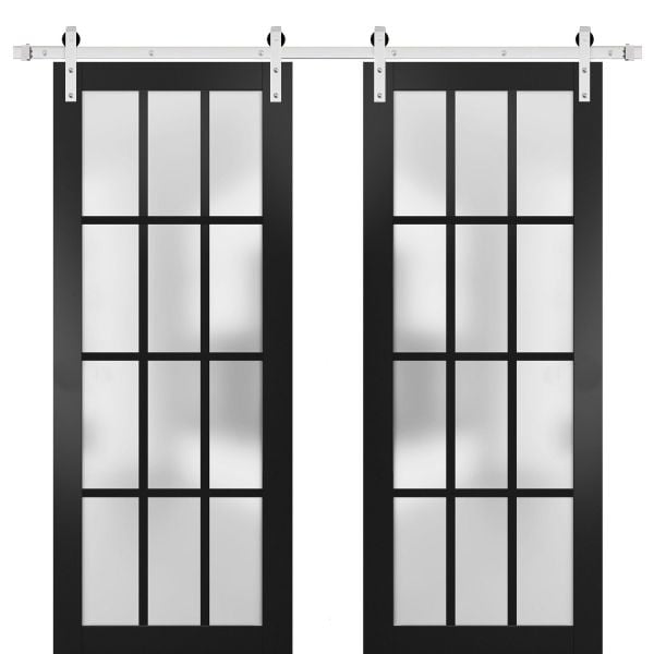 Sturdy Double Barn Door with Frosted Glass 12 Lites | Felicia 3312 Matte Black | 13FT Rail Hangers Heavy Set | Solid Panel Interior Doors-36" x 80" (2* 18x80)-Silver Rail