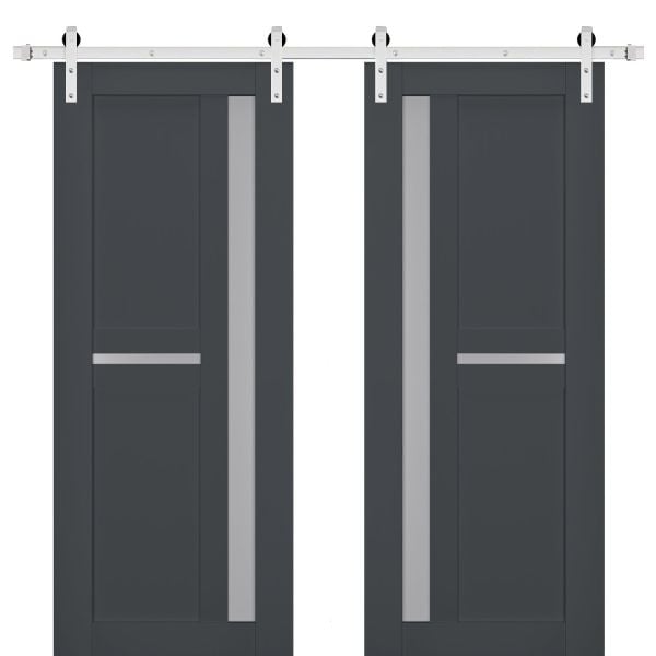 Sturdy Double Barn Door | Veregio 7288 Antracite with Frosted Glass | Silver 13FT Rail Hangers Heavy Set | Solid Panel Interior Doors