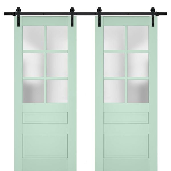 Sturdy Double Barn Door with Frosted Glass | Veregio 7339 Oliva | 13FT Rail Hangers Heavy Set | Solid Panel Interior Doors-36" x 80" (2* 18x80)-Black Rail