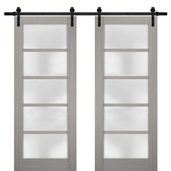 Sturdy Double Barn Door with Frosted Glass | Quadro 4002 Grey Ash | 13FT Rail Hangers Heavy Set | Solid Panel Interior Doors-36" x 80" (2* 18x80)-Black Rail
