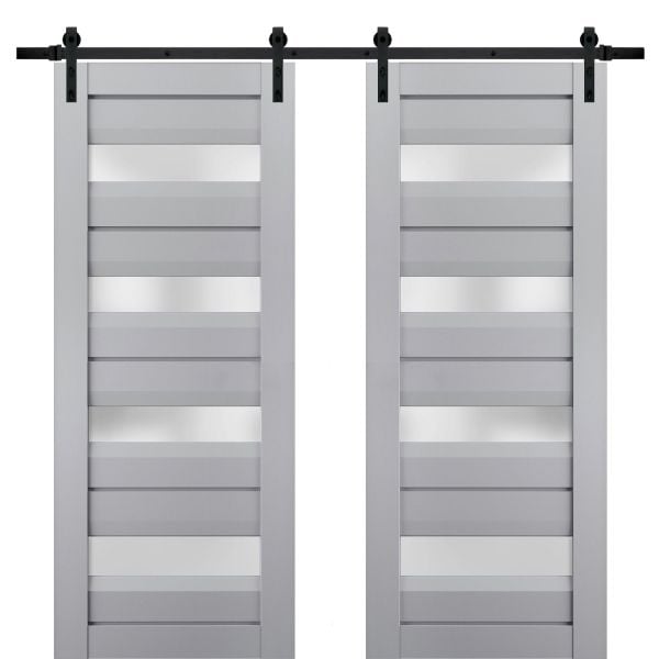 Sturdy Double Barn Door with Frosted Glass | Veregio 7455 Matte Grey | 13FT Rail Hangers Heavy Set | Solid Panel Interior Doors