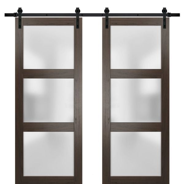 Sturdy Double Barn Door | Lucia 2552 Chocolate Ash with Frosted Glass | 13FT Rail Hangers Heavy Set | Solid Panel Interior Doors