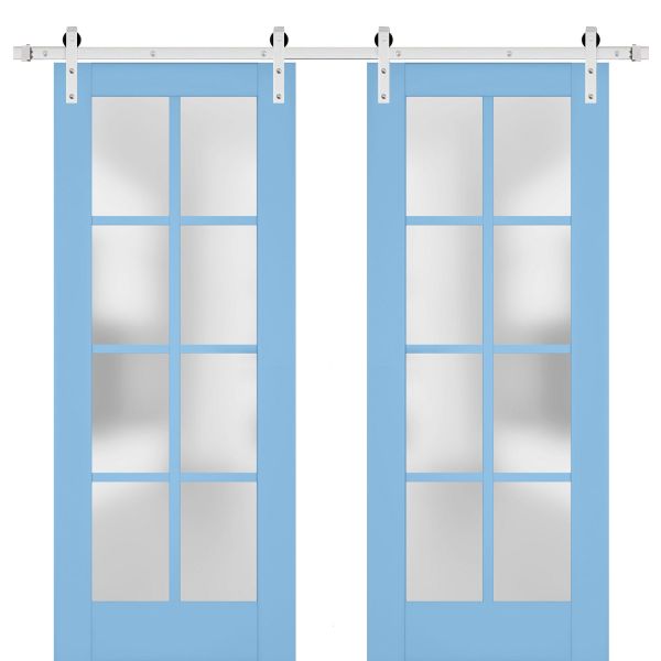 Sturdy Double Barn Door with Frosted Glass | Veregio 7412 Aquamarine | Silver 13FT Rail Hangers Heavy Set | Solid Panel Interior Doors