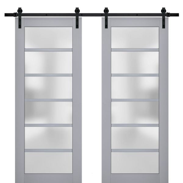 Sturdy Double Barn Door with Frosted Glass | Veregio 7602 Matte Grey | 13FT Rail Hangers Heavy Set | Solid Panel Interior Doors-36" x 80" (2* 18x80)-Black Rail
