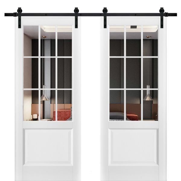 Sturdy Double Barn Door with | Felicia 3599 White Silk with Clear Glass | 13FT Rail Hangers Heavy Set | Solid Panel Interior Doors-36" x 80" (2* 18x80)-Clear Glass-Black Rail